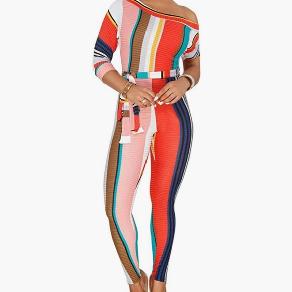 Striped Off The Shoulder jumpsuit - Picture 2 of 5